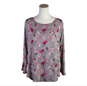 ELLE Pink Floral Houndstooth Long Sleeve Top M Stretch Blouse Workwear